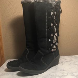 London Fog Black Winter Boots w Gray Faux Fur 9.5